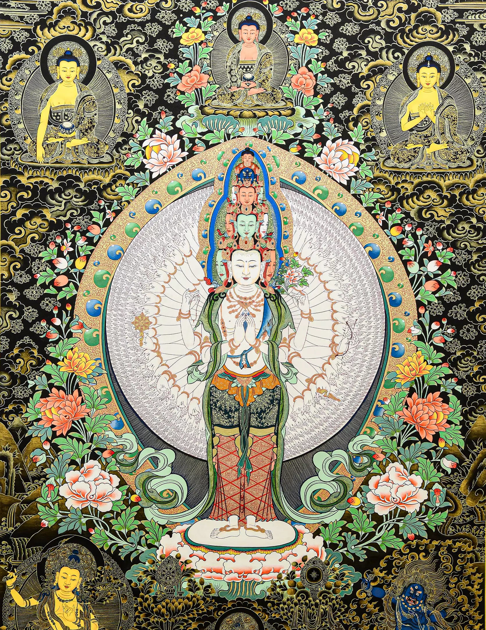 Thousand-Armed Thousand-Eyed Chenrezig Buddha Black-Gold Thangka Art
