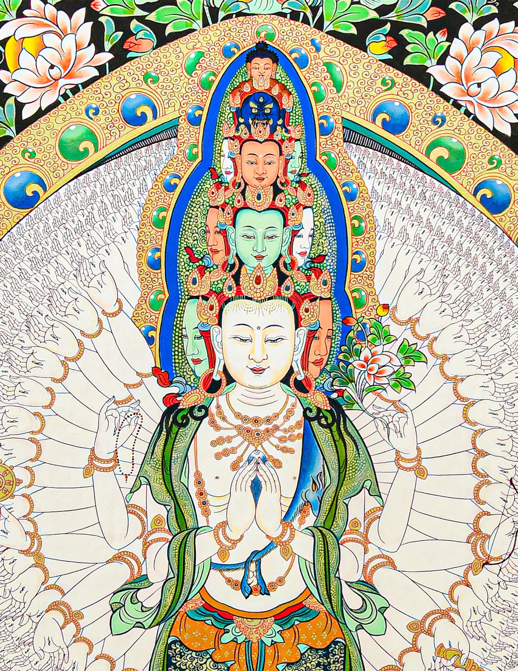 Thousand-Armed Thousand-Eyed Chenrezig Buddha Black-Gold Thangka Art