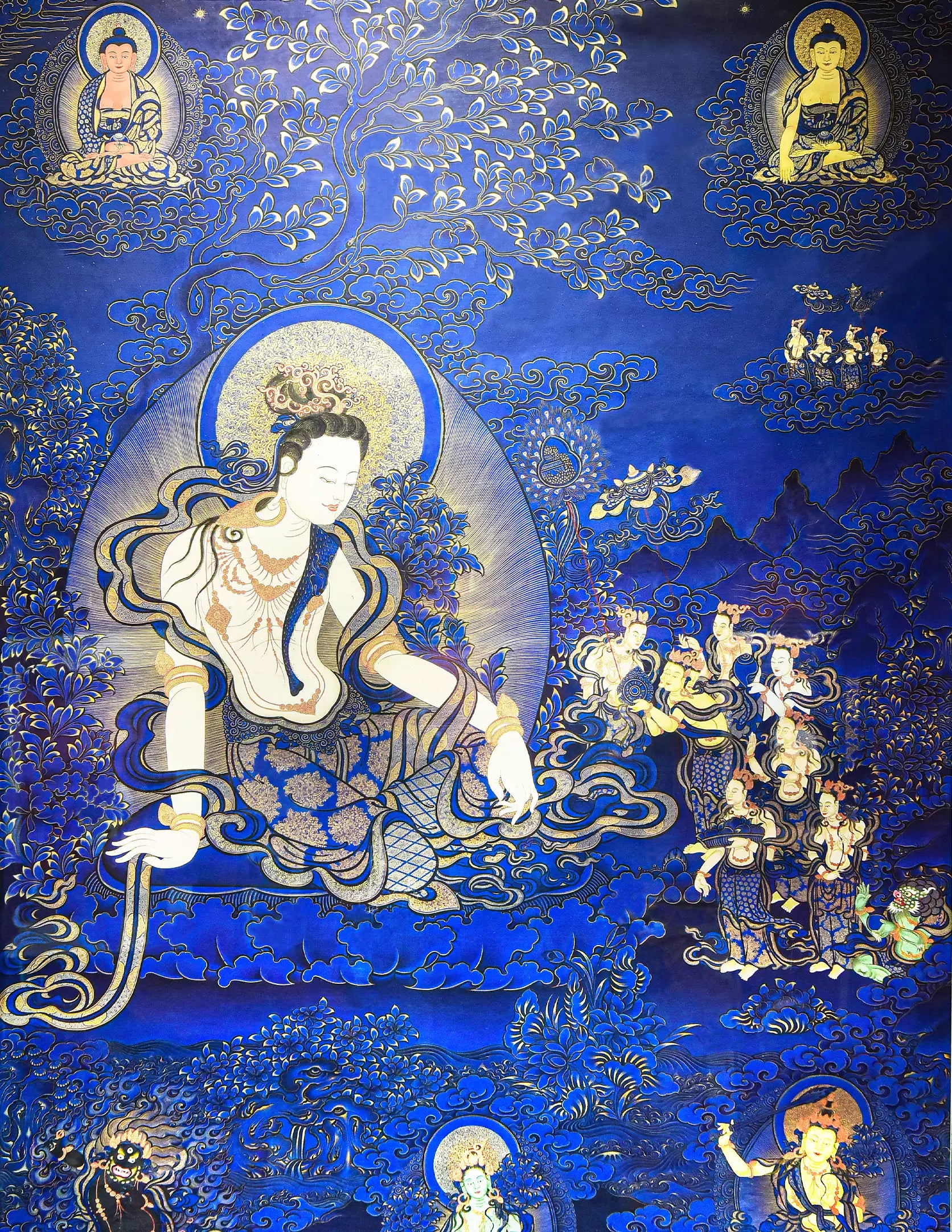 Self-Mastery Chenrezig Buddha Blue-Gold Thangka Art