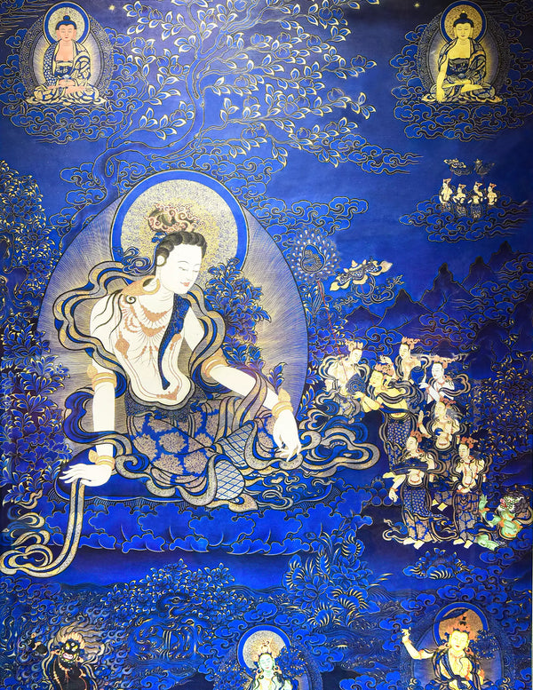 Self-Mastery Chenrezig Buddha Blue-Gold Thangka Art