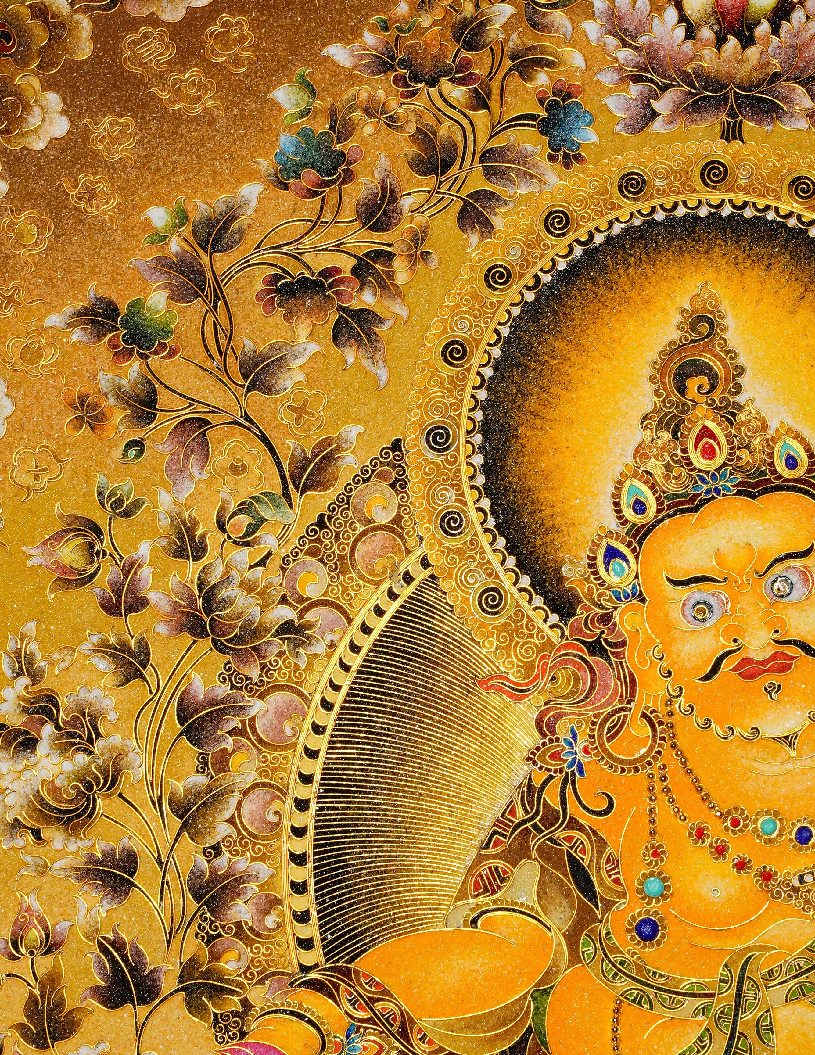 Yellow Dzambala Buddha Filligree Thangka Decor/ Wall Art/ Art Piece