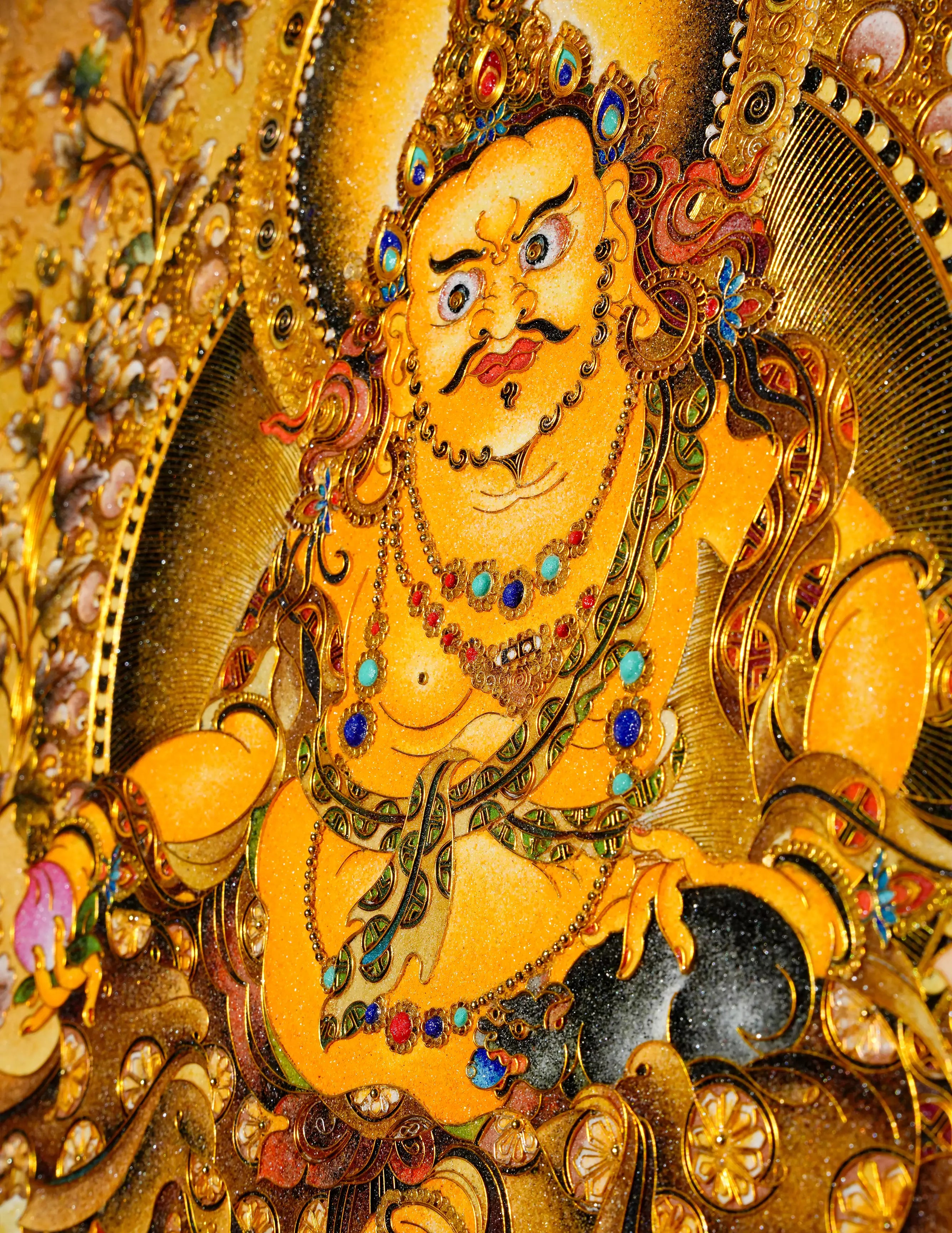 Yellow Dzambala Buddha Filligree Thangka Decor/ Wall Art/ Art Piece