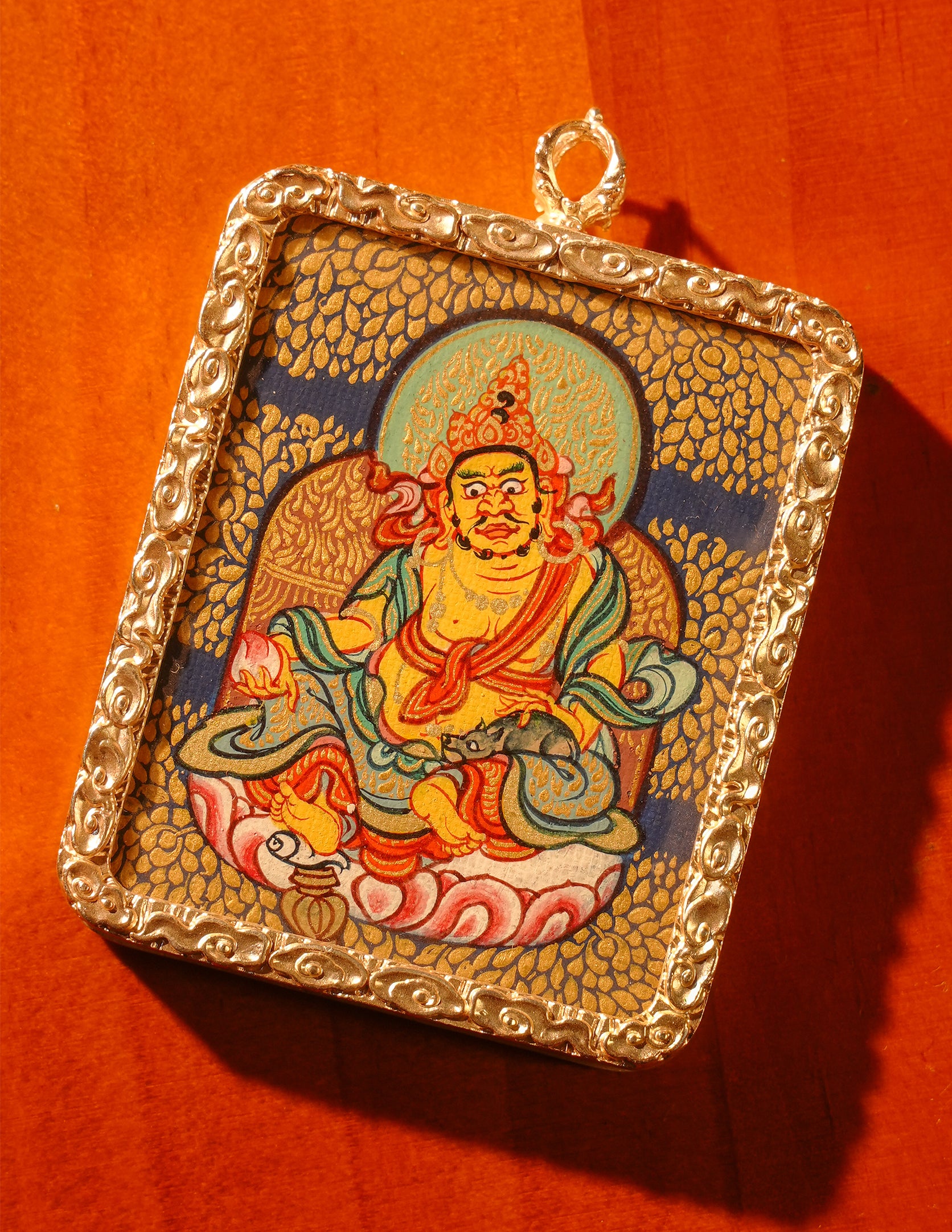 Yellow  Dzambala  Thangka Pendant/ Locket/ Necklace/ Portable/ GauBOX/ Buddha amulet/ Carry-on/ Travel friendly TS040001