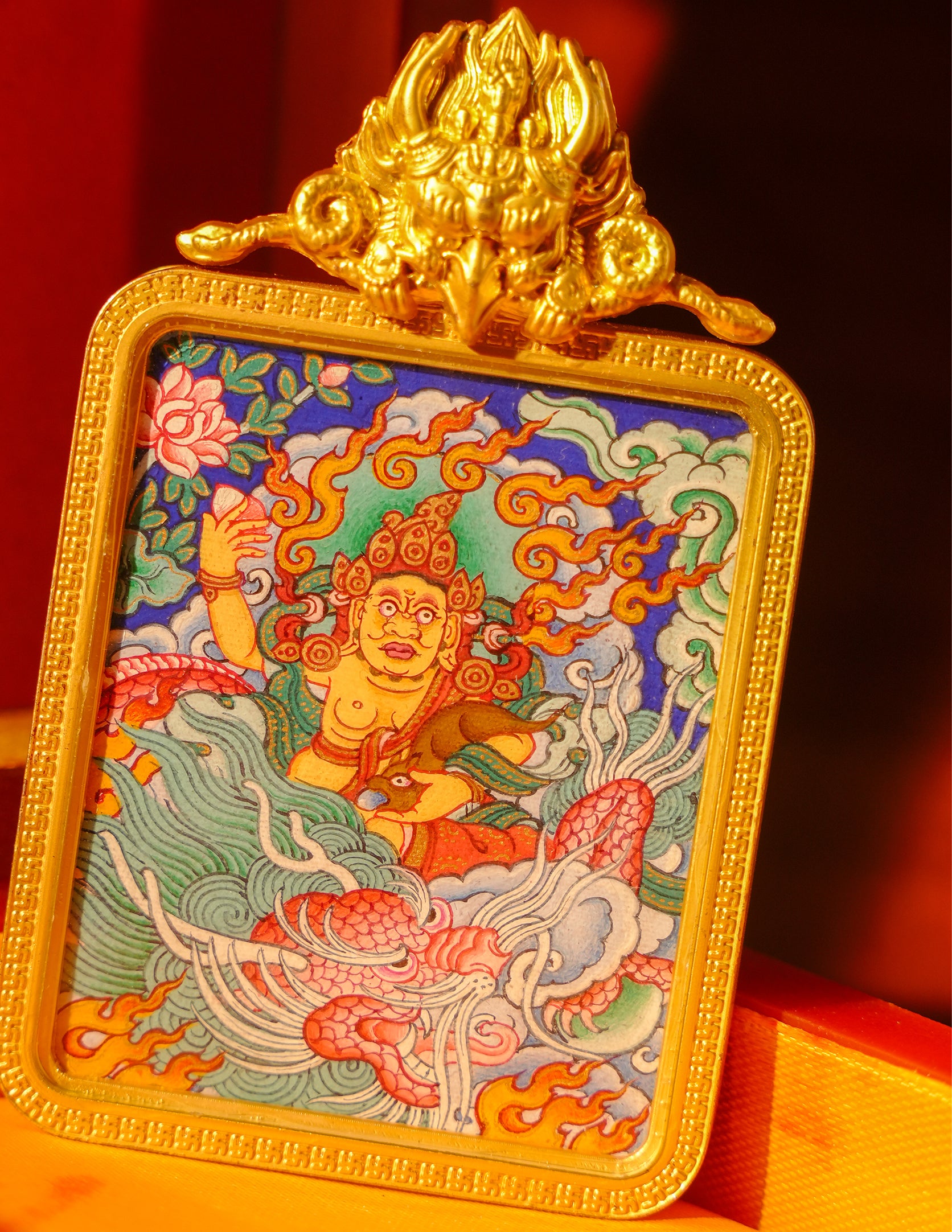 Yellow Dzambala Thangka Pendant/ Locket/ Necklace/ Portable/ GauBOX/ Buddha amulet/ Carry-on/ Travel friendly TS040004