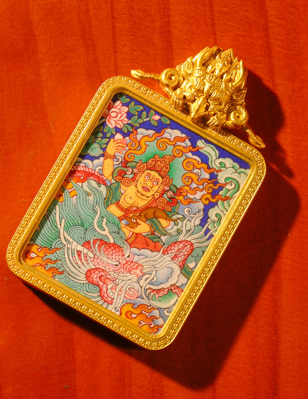 Yellow Dzambala Thangka Pendant/ Locket/ Necklace/ Portable/ GauBOX/ Buddha amulet/ Carry-on/ Travel friendly TS040004