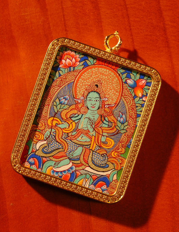 Green Tara thangka Pendant/ Locket/ Necklace/ Portable/ GauBOX/ Buddha amulet/ Carry-on/ Travel friendly TS070002