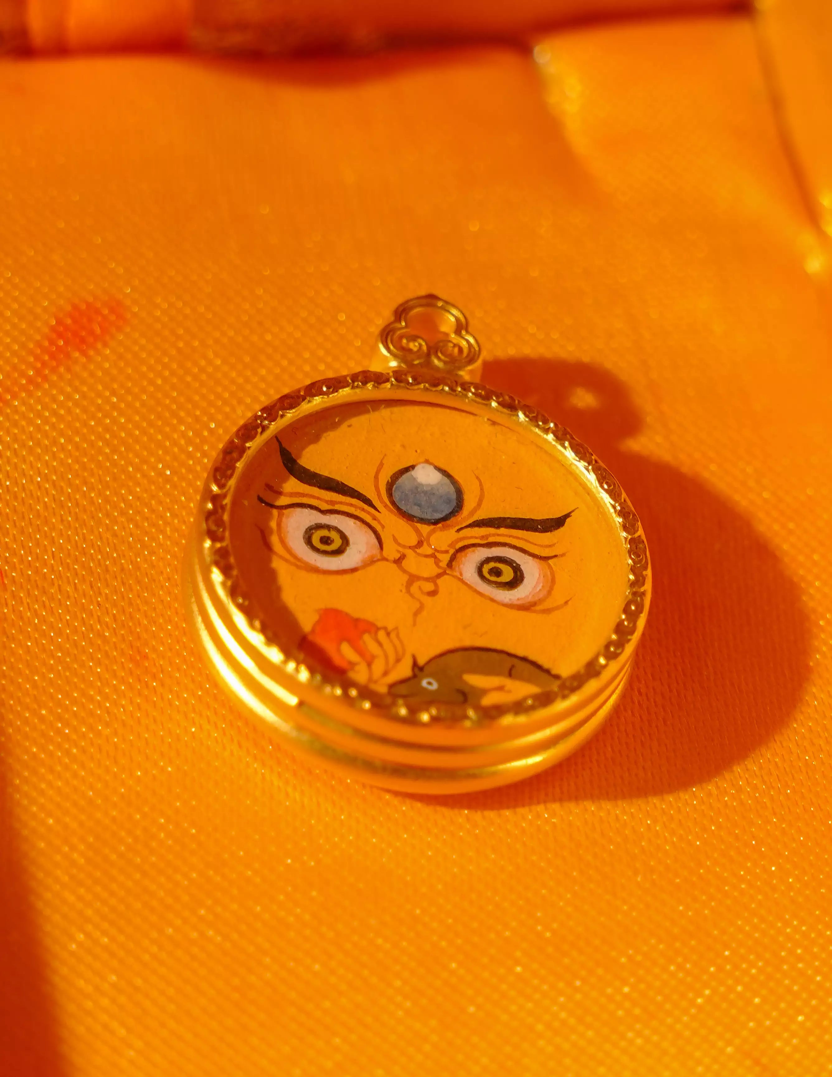 Yellow Dzambala Buddha Eye Thangka Pendant/ Locket/ Necklace/ Portable/ Gau BOX/ Carry-on/ Travel Friendly