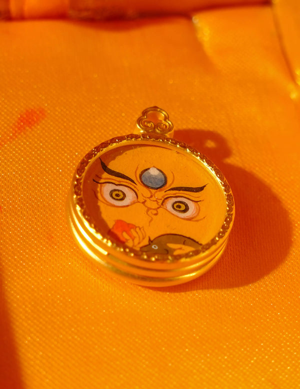 Yellow Dzambala Buddha Eye Thangka Pendant/ Locket/ Necklace/ Portable/ Gau BOX/ Carry-on/ Travel Friendly