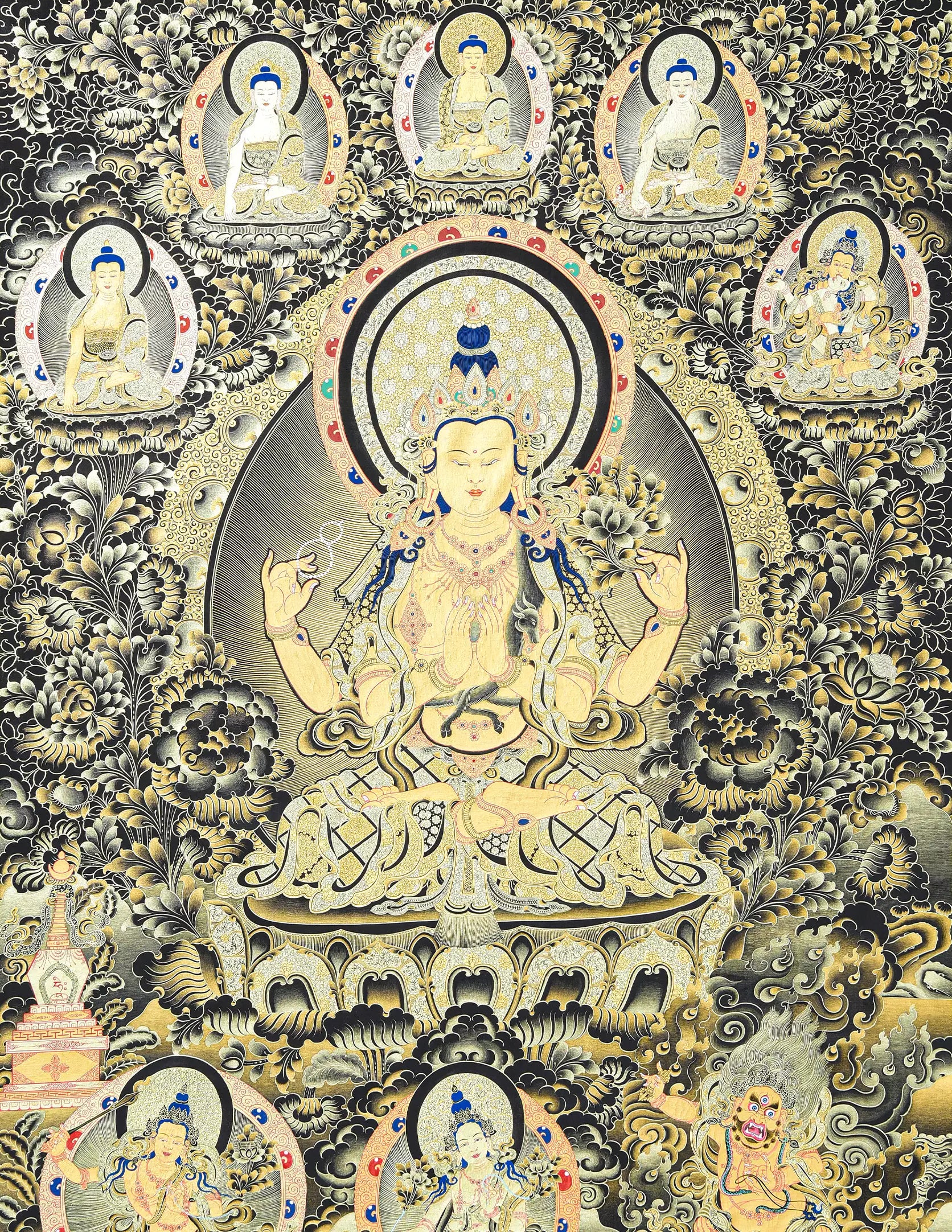 Chenrezig Buddha Black Thangka Art