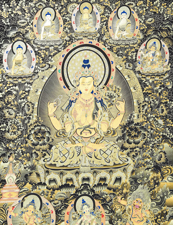 Chenrezig Buddha Black Thangka Art