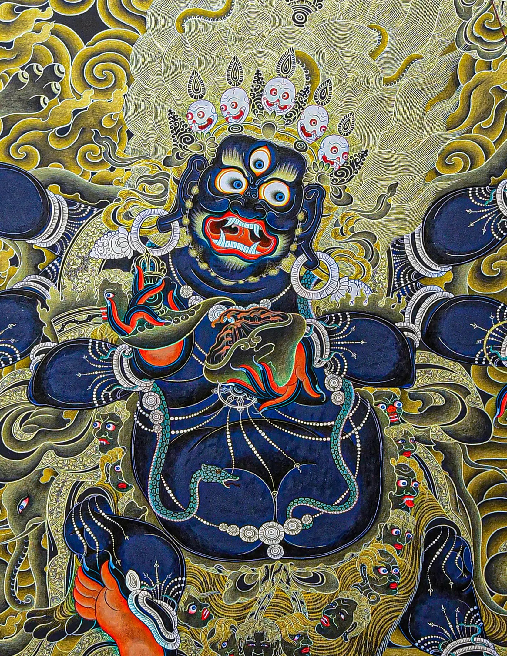Six-Armed Mahakala Black-Gold Thangka Art