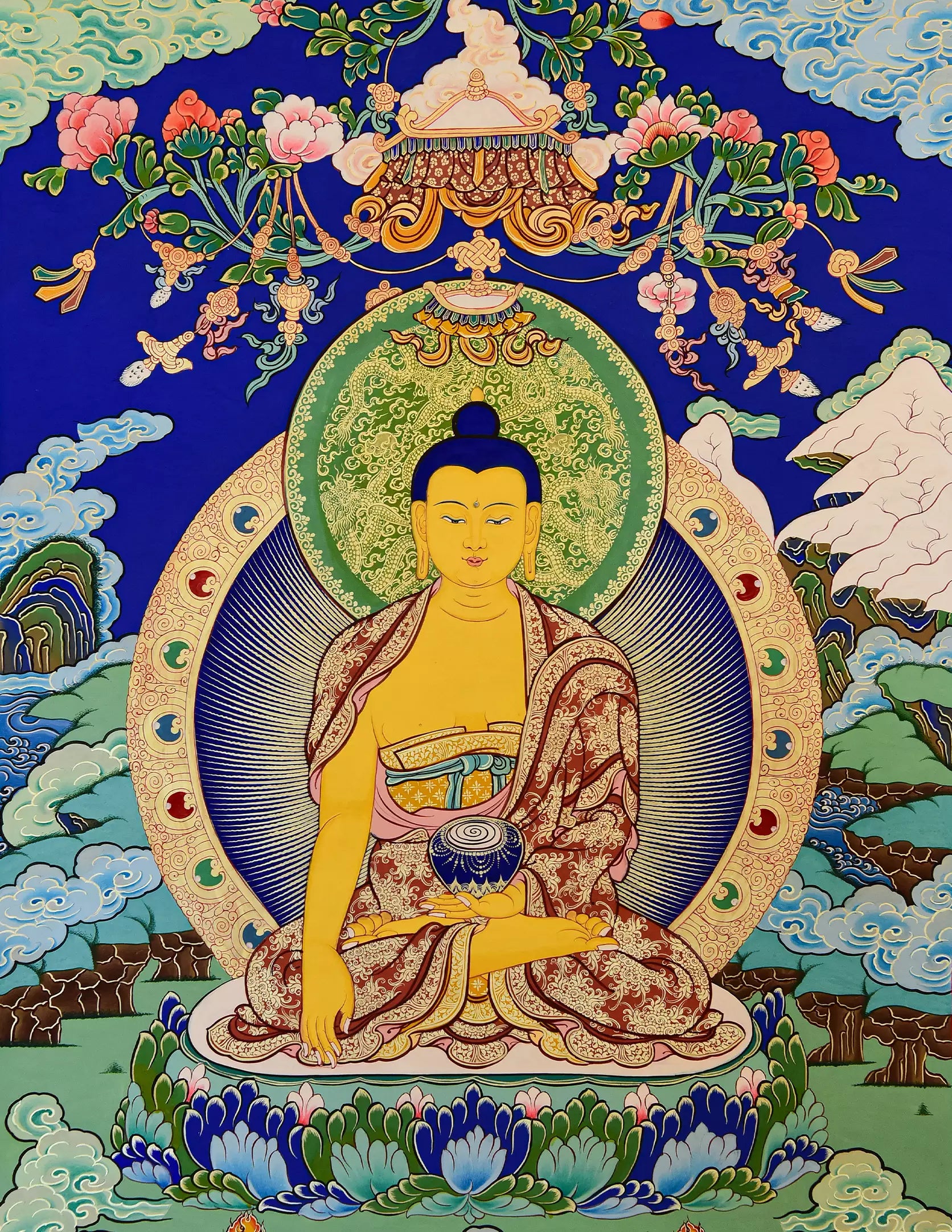 Shakyamuni Buddha Thangka - Golden Buddha, blue background, lotus seat
