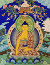 Shakyamuni Buddha Thangka - Golden Buddha, blue background, lotus seat