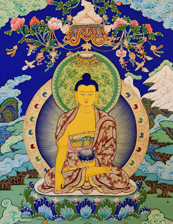 Shakyamuni Buddha Thangka - Golden Buddha, blue background, lotus seat