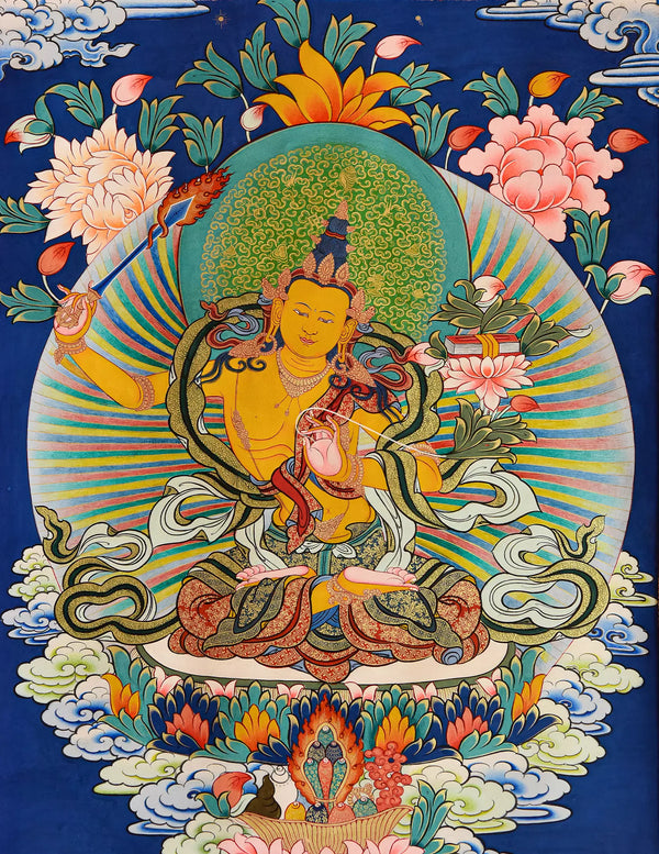 Manjushri Bodhisattva Thangka: Tibetan Buddhist art of the Wisdom Bodhisattva, seated with sword & sutra