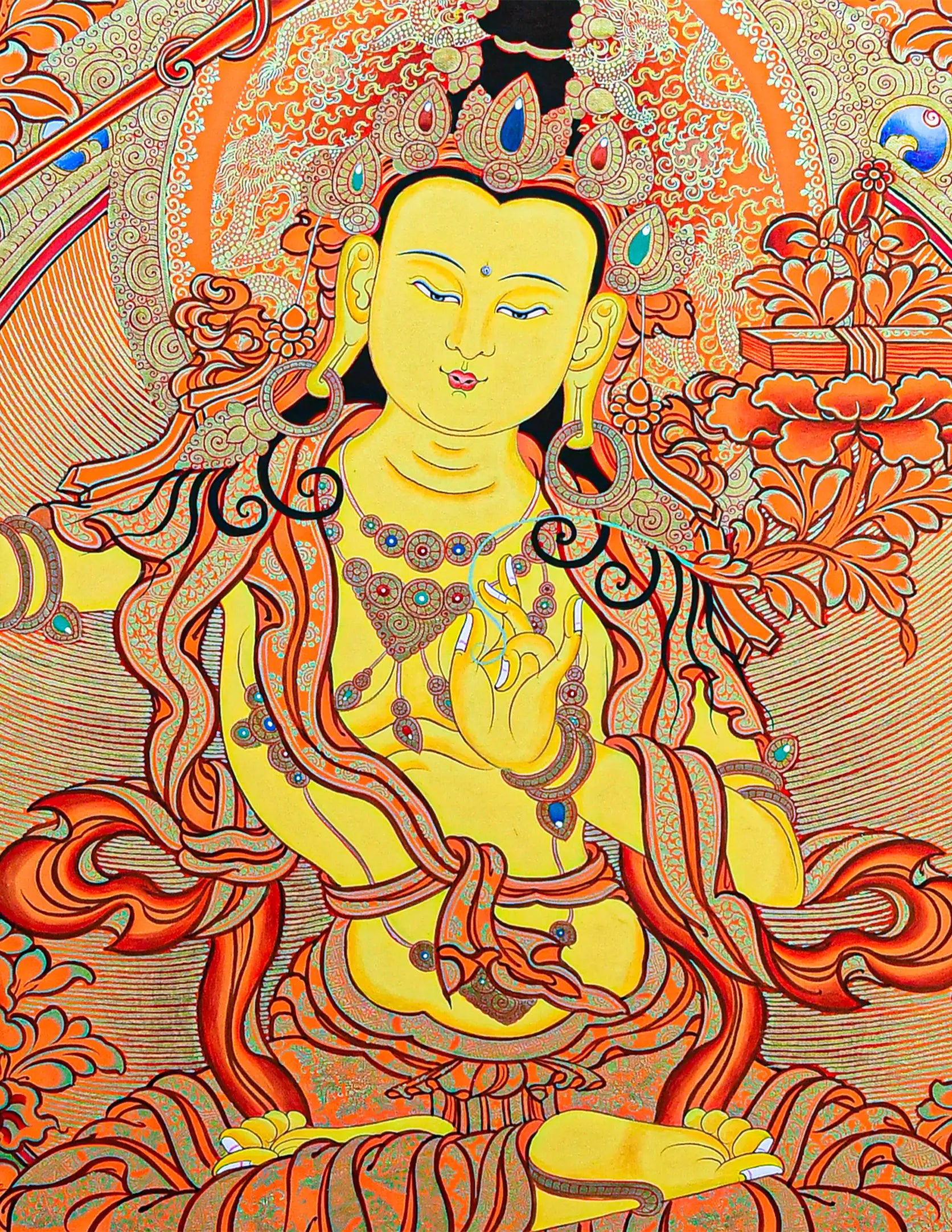 Manjushri Red Thangka - Golden Wisdom Bodhisattva