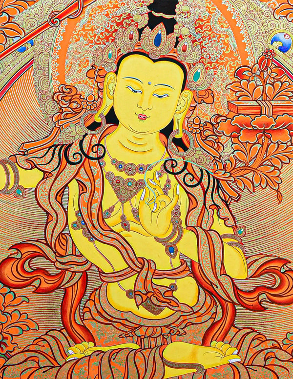 Manjushri Red Thangka - Golden Wisdom Bodhisattva