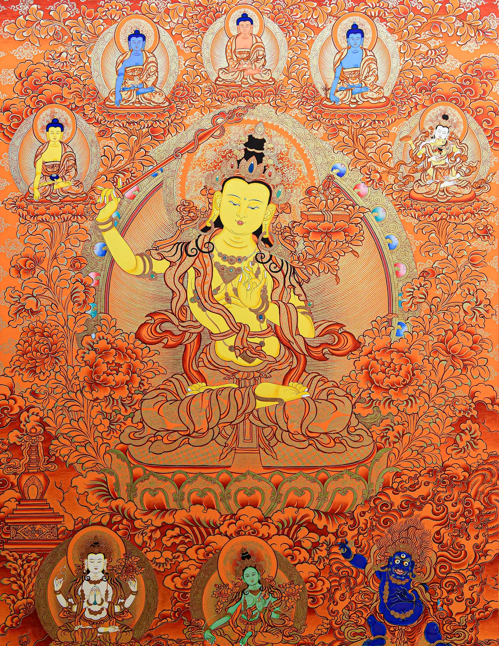 Manjushri Red Thangka - Golden Wisdom Bodhisattva, red-gilded background