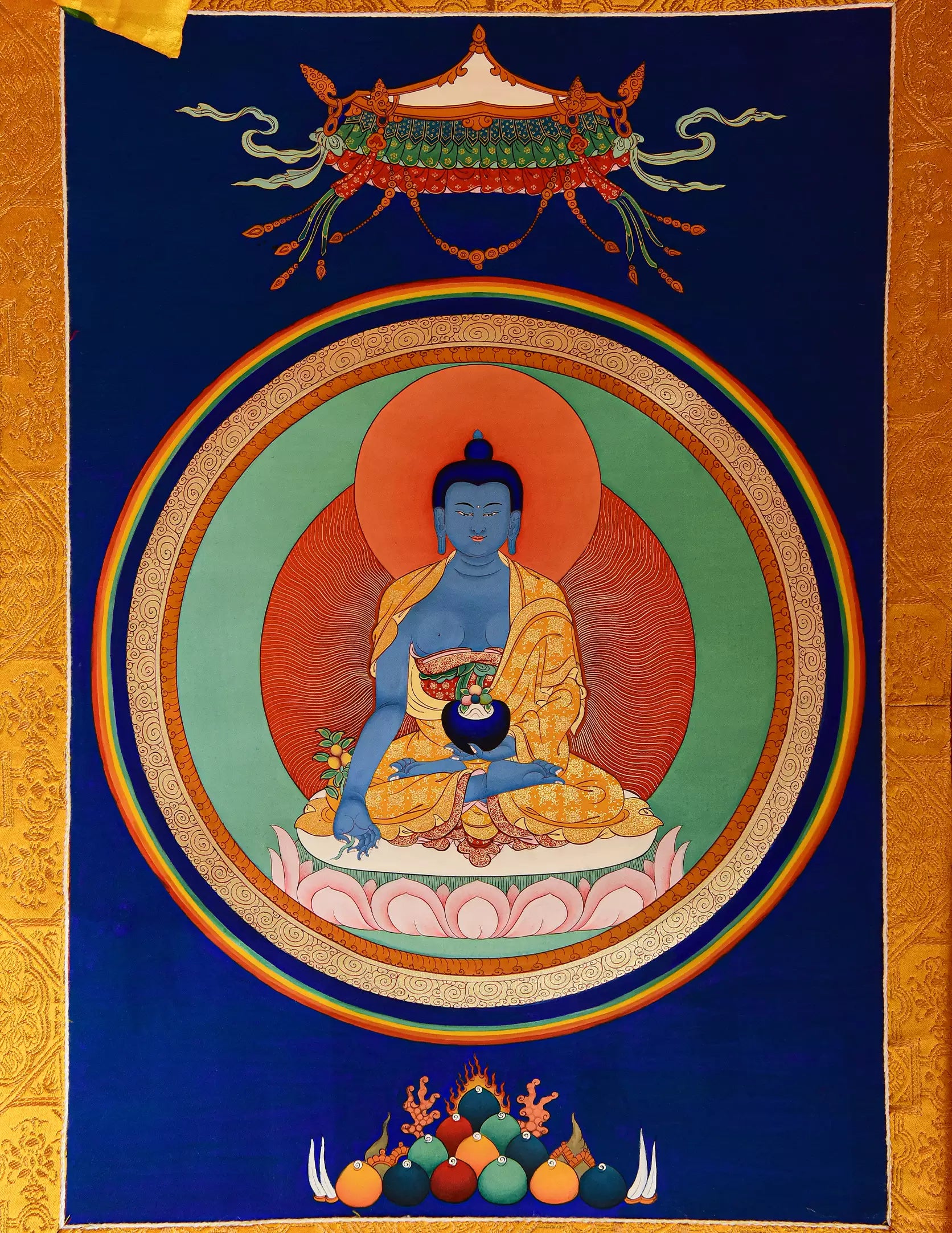 Medicine Buddha Thangka - Blue Buddha, lotus seat