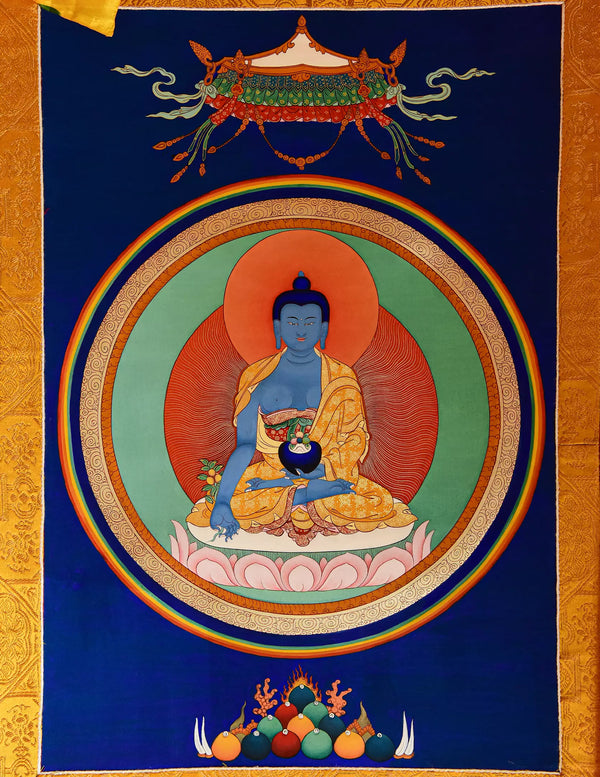 Medicine Buddha Thangka - Blue Buddha, lotus seat