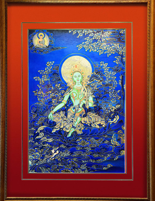 Green Tara Blue Thangka - Green bodhisattva, blue-gilded background