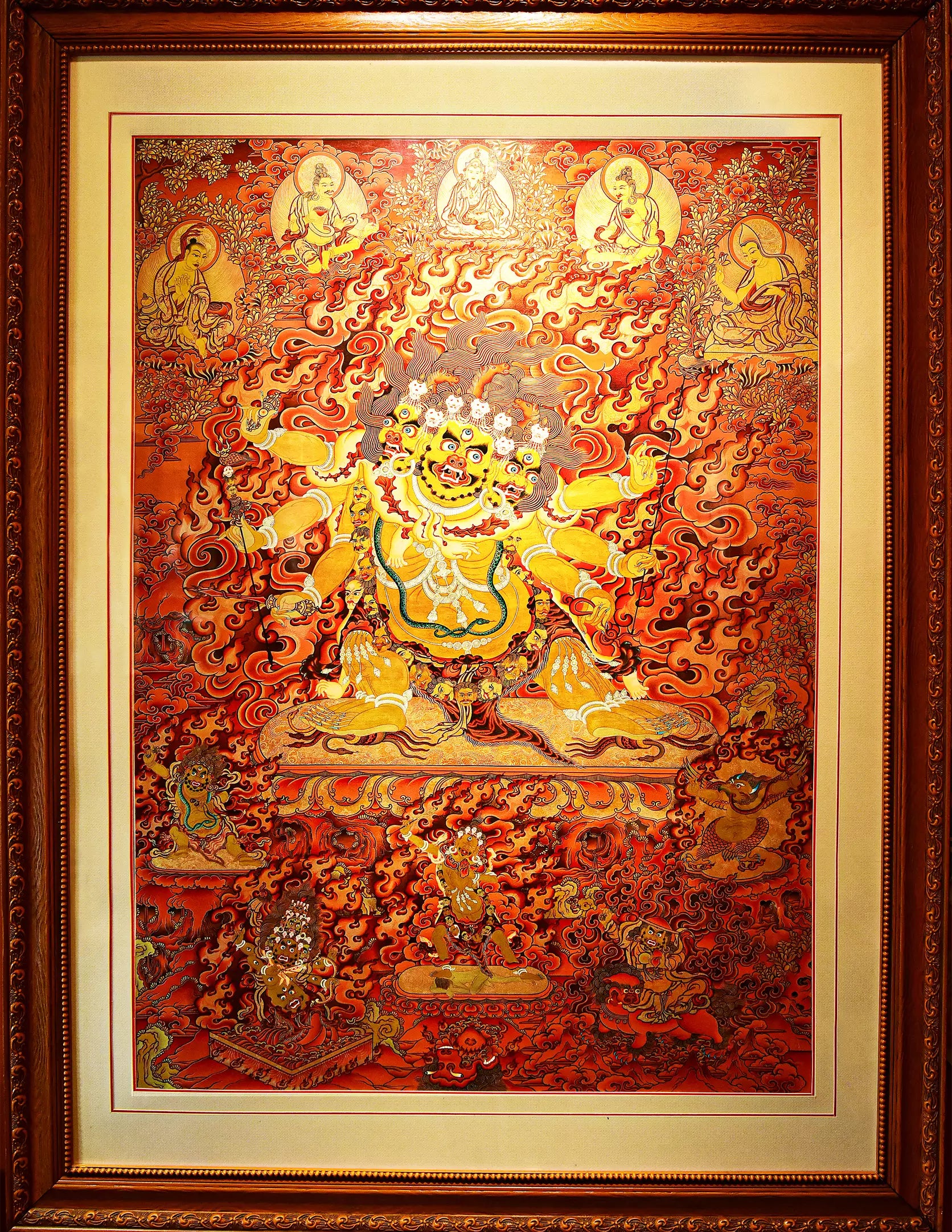 Hayagriva Red Thangka - Golden wrathful deity, red-gilded background