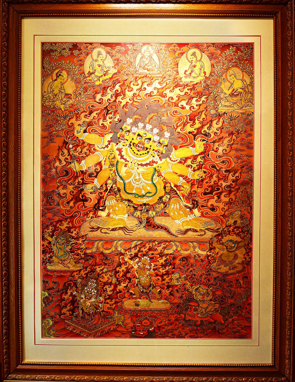 Hayagriva Red Thangka - Golden wrathful deity, red-gilded background