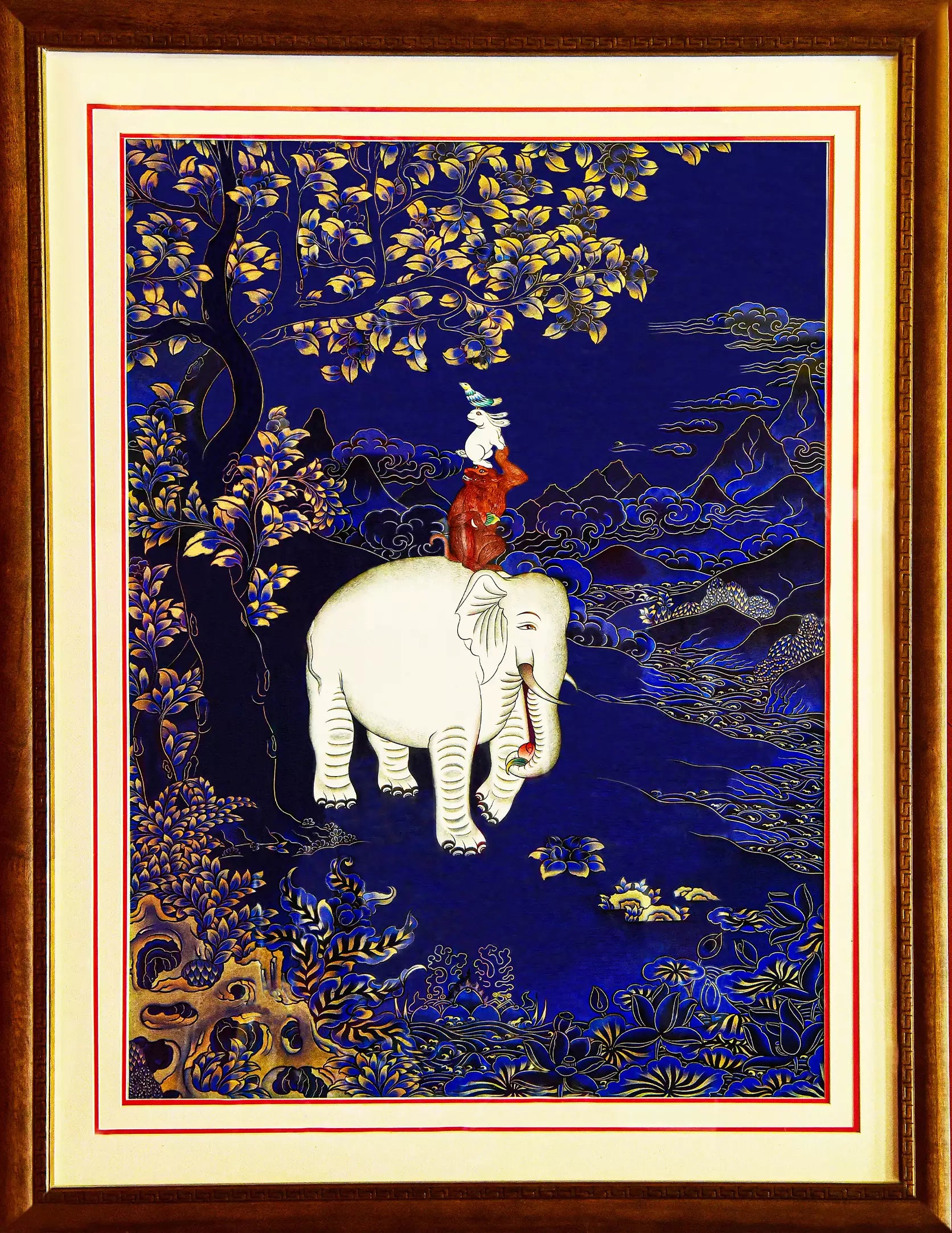 Four Harmonious Auspicious Beings Blue Thangka - White elephant, figure, blue-gilded landscape