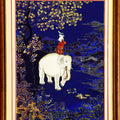 Four Harmonious Auspicious Beings Blue Thangka - White elephant, figure, blue-gilded landscape