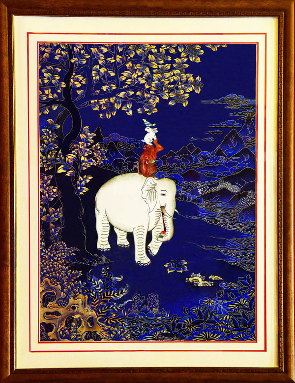 Four Harmonious Auspicious Beings Blue Thangka - White elephant, figure, blue-gilded landscape