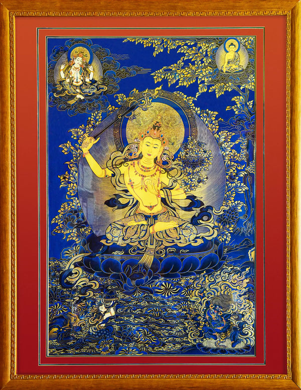 Manjushri Bodhisattva Blue Thangka - Golden Wisdom Bodhisattva with sword, blue gilded background