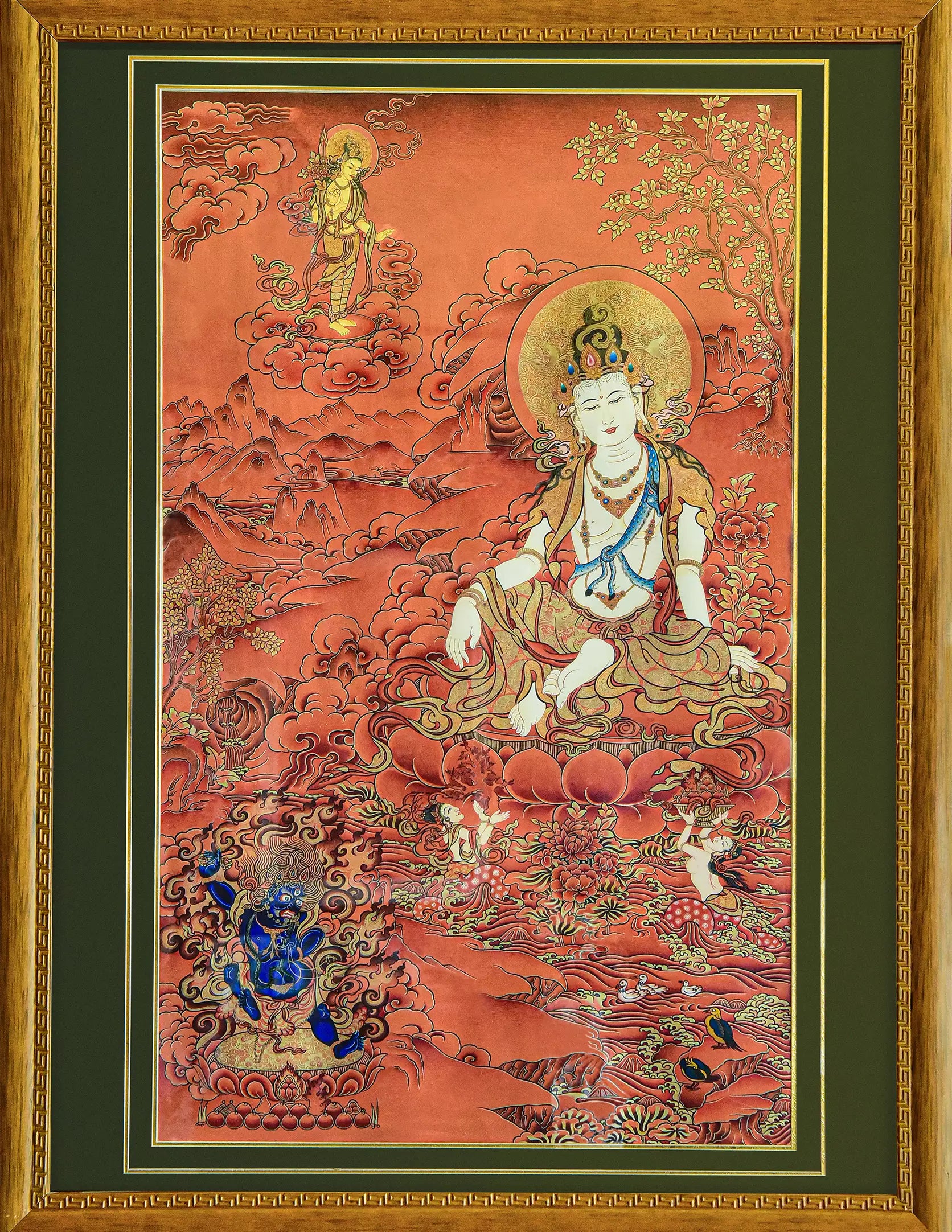 Self-Mastery Chenrezig Buddha Red Thangka Art - A white-bodied Avalokitesvara Bodhisattva seated atop a red cloud/floral pattern, adorned with gilded details, flanked by blue attendant figures against a rich red background.