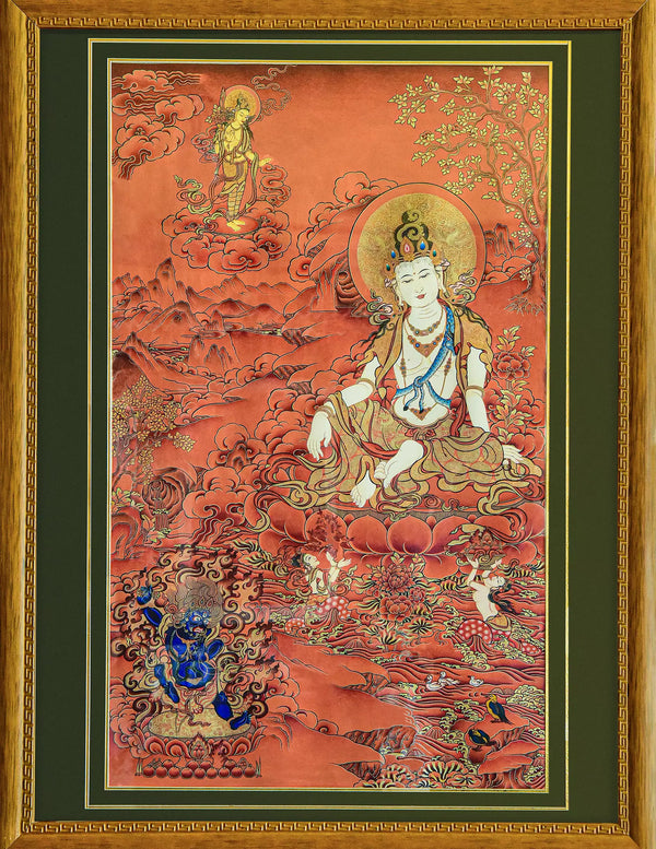 Self-Mastery Chenrezig Buddha Red Thangka Art - A white-bodied Avalokitesvara Bodhisattva seated atop a red cloud/floral pattern, adorned with gilded details, flanked by blue attendant figures against a rich red background.