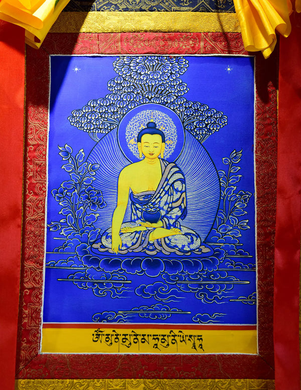 Sakyamuni Buddha Blue Thangka Art - Seated on auspicious clouds