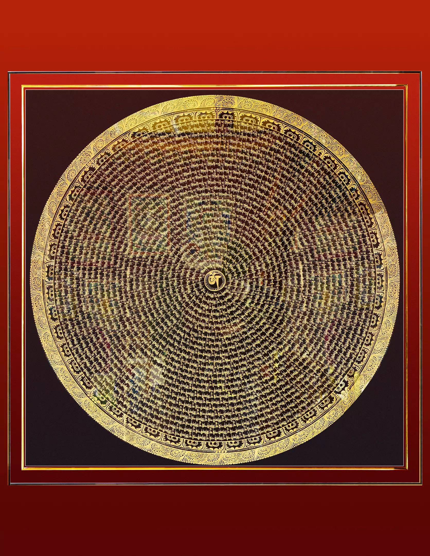 Chenrezig Buddha Mantra Mandala Thangka - Intricate circular Tibetan Buddhist art with 