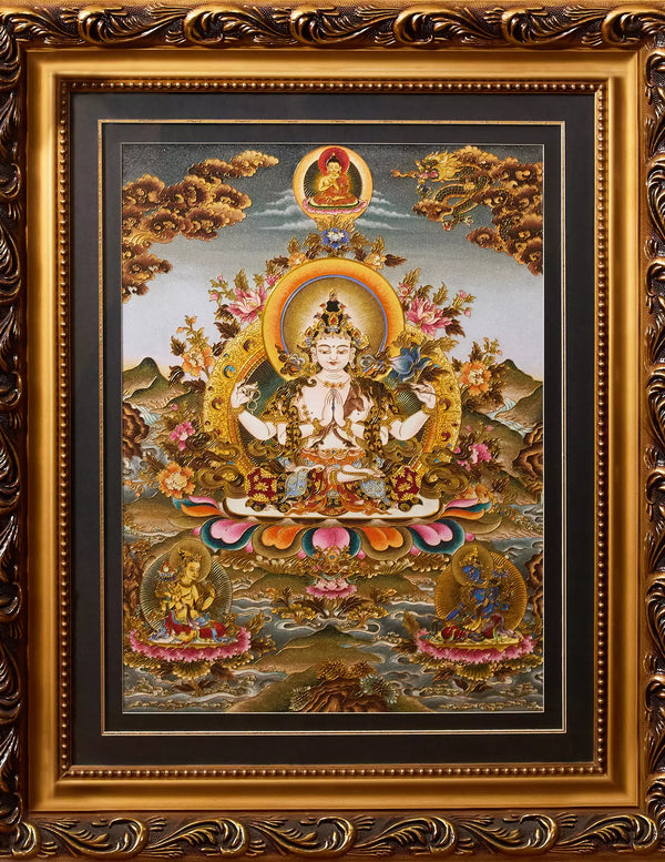 Chenrezig Buddha (Four-Armed Avalokiteshvara) Filigree Cloisonné Thangka