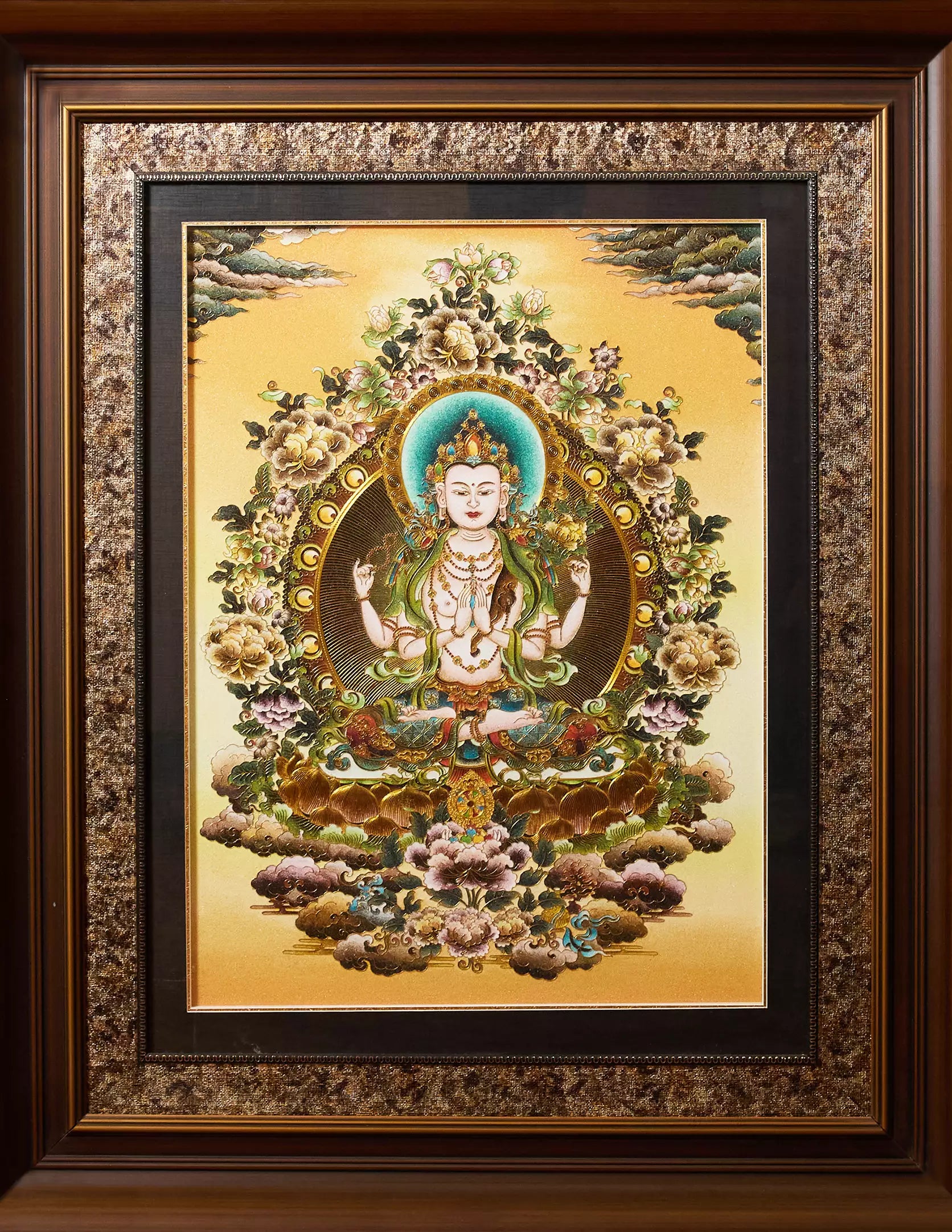 Chenrezig Buddha (Four-Armed Avalokiteshvara) Filigree Cloisonné Thangka