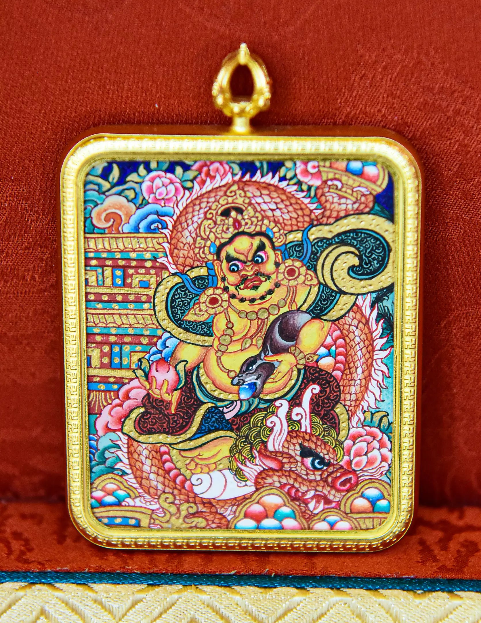 Yellow Dzambala Thangka Pendant/ Locket/ Necklace/ Portable/ GauBOX/ Buddha amulet/ Carry-on/ Travel friendly